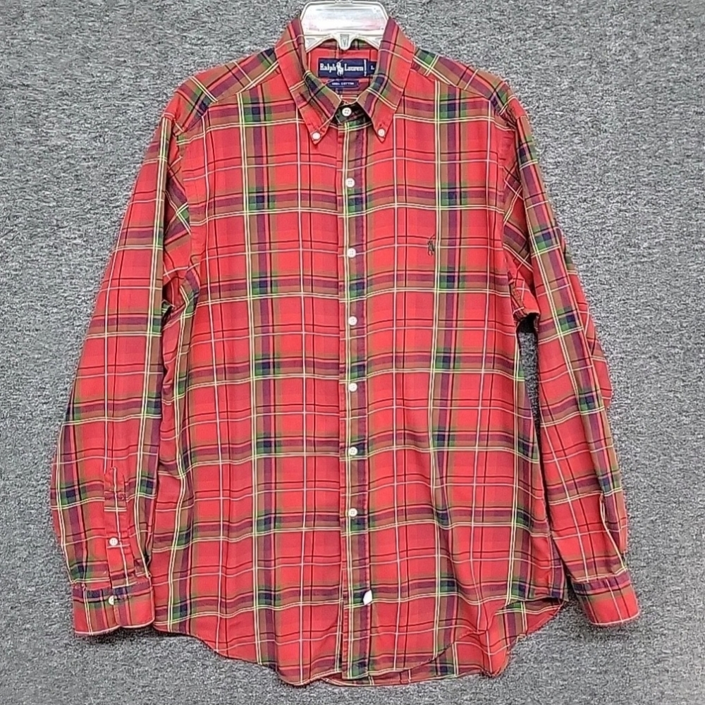 Ralph Lauren Blue Label Dress Shirt  Red Plaid Long Sleeve Mens Size Large
